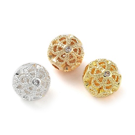 Rack Plating Brass Micro Pave Clear Cubic Zirconia Beads, Long-Lasting Plated, Cadmium Free & Lead Free, Round with Hollow Flower