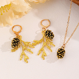 Fashionable Alloy Hoop Earrings & Pendant Necklaces Sets, Pine Cone & Branch