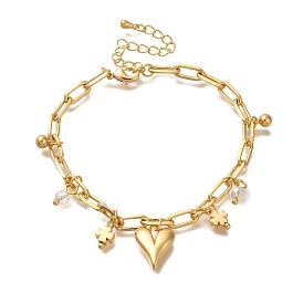 Pulseras de latón con dijes de corazón y trébol, con perlas de vidrio