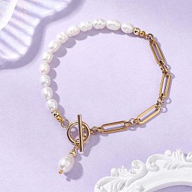 Браслеты из натурального культивированного пресноводного жемчуга, 304 браслеты из нержавеющей стали с цепочками Фигаро для женщин