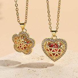 Bohemian Style Heart Flower Zircon Pendant 14K Gold Plated Fashion Necklace for Women