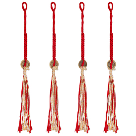 4Pcs 4 Styles Macrame Cotton Cord Hanging Ornaments, with Brass Coins, Antique Golden