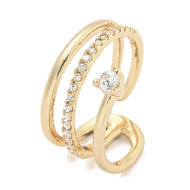 Brass Micro Pave Cubic Zirconia Cuff Rings, Wide Band Open Rings for Women, Long-Lasting Plated
