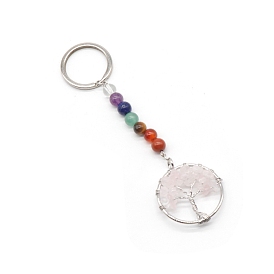 Fil de coco enveloppé puce de quartz rose naturel plat rond avec porte-clés pendentif arbre de vie, avec perle de pierre précieuse chakra, pour les ornements de clé de voiture de sac