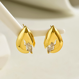 Vintage Brass Clear Cubic Zirconia Stud Earrings, Teardrop