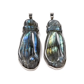 Natural Labradorite Carved Big Pendants, Palm Charms with Platinum Plated Rack Plating Brass Snap on Bails