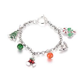 304 bracelets à breloques chaîne rolo en acier inoxydable, avec émail pendentifs en strass en alliage, perles de verre craquelé peintes par pulvérisation et breloques en acier inoxydable 304, Noël, couleur mixte