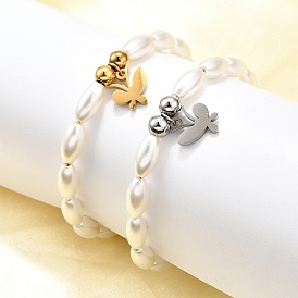 304 Браслеты с подвесками в виде бабочек из нержавеющей стали для женщин, с пластиковыми бусинами из искусственного жемчуга