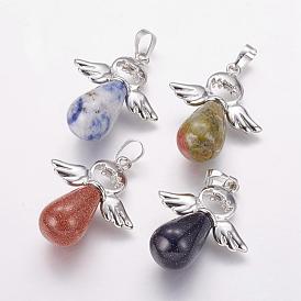 Natural/Gemstone Pendants, with Brass Findings, Angel, Platinum