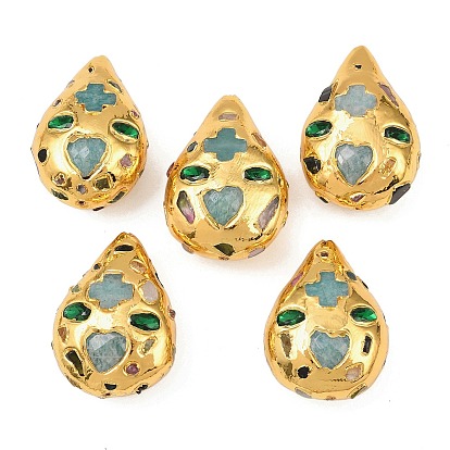 Натуральный амазонит и стеклянные бусины, с латунной фурнитурой , слеза, золотые