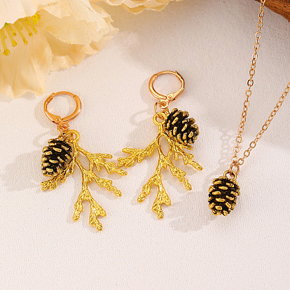 Модные комплекты из серег-колец и ожерелий из сплава, сосновая шишка и ветка