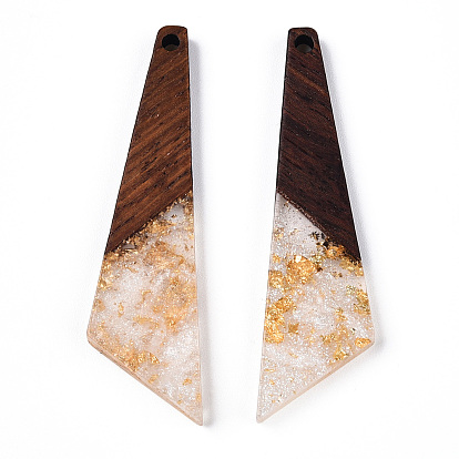 Transparent Resin & Walnut Wood Pendants, with Gold Foil, Quadrilateral Charms