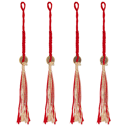 4Pcs 4 Styles Macrame Cotton Cord Hanging Ornaments, with Brass Coins, Antique Golden