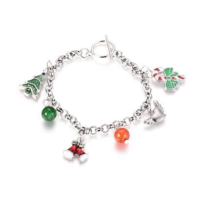 304 bracelets à breloques chaîne rolo en acier inoxydable, avec émail pendentifs en strass en alliage, perles de verre craquelé peintes par pulvérisation et breloques en acier inoxydable 304, Noël, couleur mixte