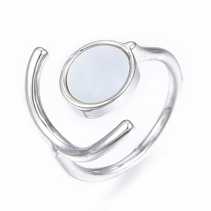 Natural Shell Flat Round Open Cuff Ring, Brass Jewelry for Women, Nickel Free