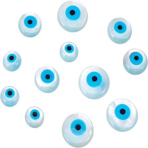 12Pcs 3 Style Shell Cabochons, with Synthetic Turquoise, Flat Round with Evil Eye