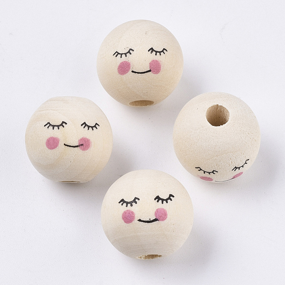 Natural Wood European Beads, Printed, Large Hole Beads, Round