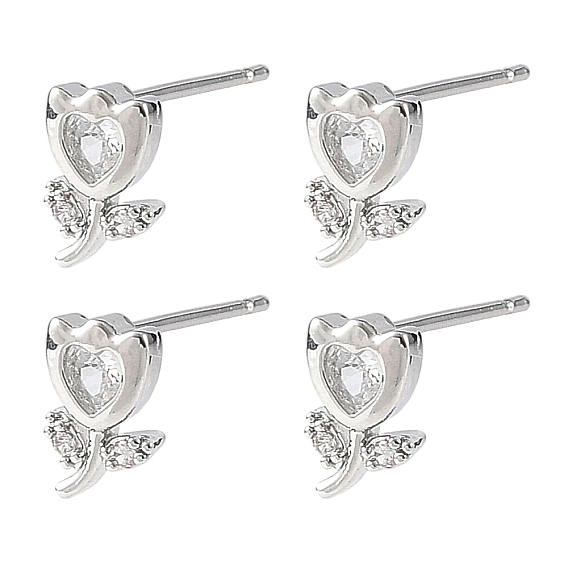 Pendientes de botón de latón con micro circonitas cúbicas de Shegrace, flor, sin plomo, cadmio, níquel