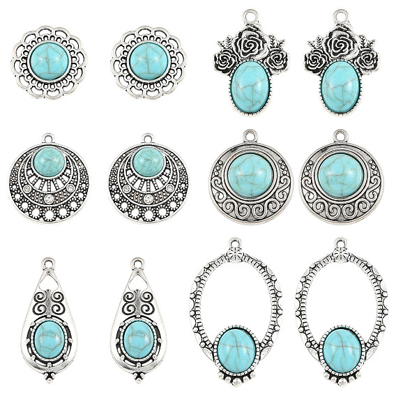 12Pcs 6 Styles Dyed Synthetic Turquoise Pendants, with Tibetan Style Alloy Settings, Antique Silver