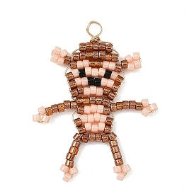 Glass Seed Beaded Pendants, Monkey Charms, with Light Gold Copper Wire