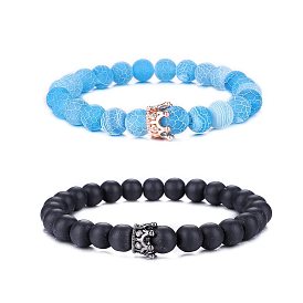 Natural Weathered Stone Matte Crown Friendship Bracelet for Couples with Agate Beads