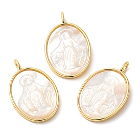 Rack Plating Brass Pave Shell Pendants, Oval with Virgin Mary Charms, Long-Lasting Plated, Cadmium Free & Lead Free