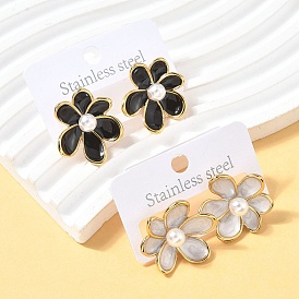 Цветок 304 из нержавеющей стали серьги стержня, с эмалью и абс пластика имитация жемчуга, ионное покрытие (ip)