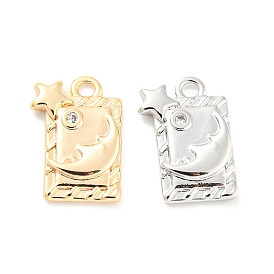 Brass Micro Pave Cubic Zirconia Charms, Rectangle with Moon