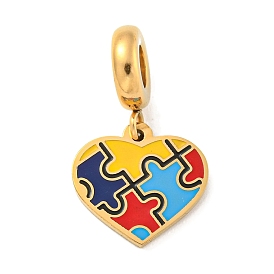 304 Stainless Steel Colorful Enamel European Dangle Charms, Puzzel Heart Large Hole Pendants