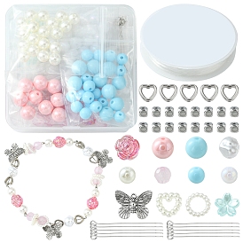 DIY Stretch Bracelet Making Kit, Including Flower & Imitation Pearl & Cube Acrylic & Plastic Beads, Heart Plastic Linking Rings, Butterfly Alloy Charms