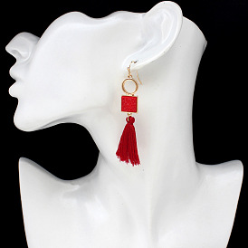 Geometric Crystal Pendant Earrings - Cute Girl Cotton Tassel Pendant Earrings.