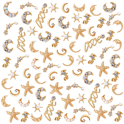88Pcs 11 Style Alloy Moon & Star & Starfish & Love Word Cabochons, with Imitation Pearl, Nail Art Decoration Accessories
