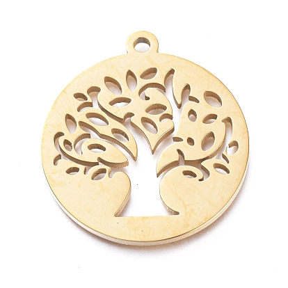 Ion Plating(IP) 304 Stainless Steel Pendants, Manual Polishing, Flat Round with Tree of Life