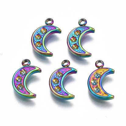 Color del arco iris 304 dijes de acero inoxidable engastes de diamantes de imitación, sin cadmio y níque y plomo, luna