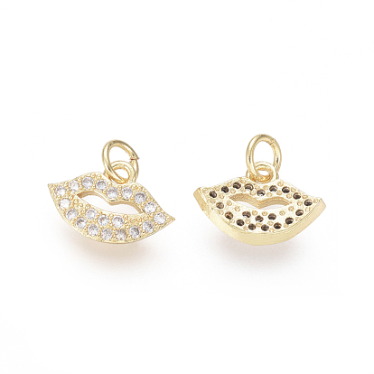 Brass Charms, with Clear Cubic Zirconia and Jump Rings, Lip