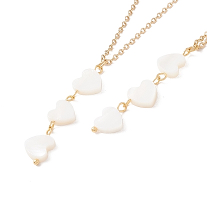 Natural Shell Heart Pendant Necklace with 304 Stainless Steel Cable Chain for Women