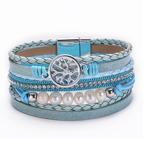 Bohemian Style Multi-Layer Leather Woven Beaded Bracelet with Tree of Life Freshwater Pearl Magnetic Clasp