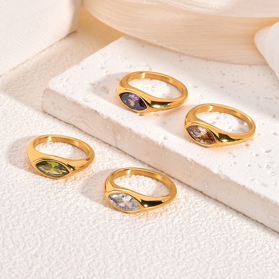 304 Кольца из нержавеющей стали и кубического циркония, лошадиный глаз , цвет нержавеющей стали