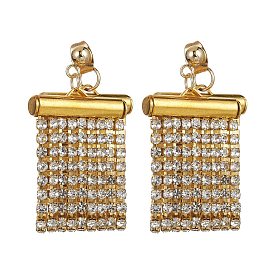 Rhinestone Chains Tassel Earrings, Brass Dangle Stud Earrings with 304 Stainless Steel Pins