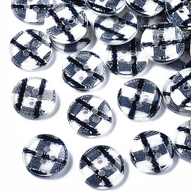 Resin Buttons, 4-Hole, Flat Round with Tartan Pattern