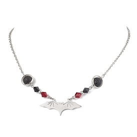 201 Stainless Steel Bat Pendant Necklaces, Natural Lava Rock and Imitation Austrian Crystal Beaded Necklace for Women