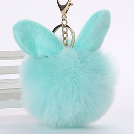 Furry Bunny Ear Keychain for Women - Cute Rabbit Fur Ball Bag Charm and Car Keyring