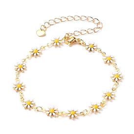 Brass Enamel Daisy Link Bracelets, with 304 Stainless Steel Lobster Claw Clasps & Heart Charms