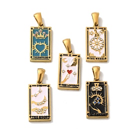 304 Stainless Steel Pendants, with Enamel and Glass Rhinestone, Rectangle with Tarot Charm, Golden