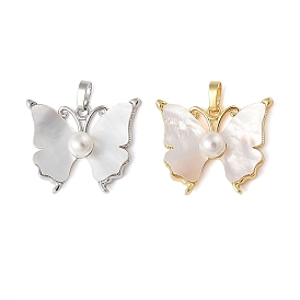Brass Pave Shell Pendants, Butterfly Charms with ABS Imitation Pearl & Snap on Bails