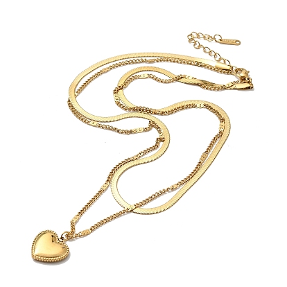 304 Stainless Steel Herringbone & Curb Chains Double Layer Necklaces, with Heart Pendants