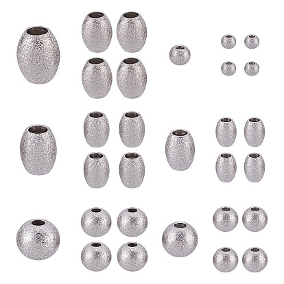 30Pcs 6 Style 304 Stainless Steel Textured Beads, Round & Oval