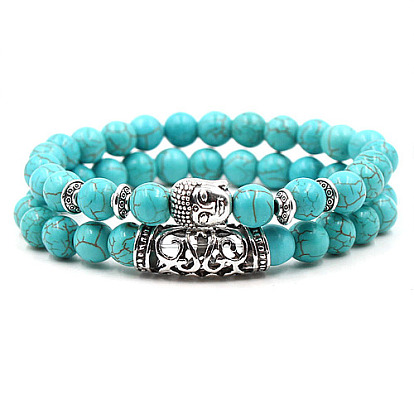 2Pcs Synthetic Turquoise Stretch Bracelet Sets for Women Men, with Tibetan Style Alloy Beads