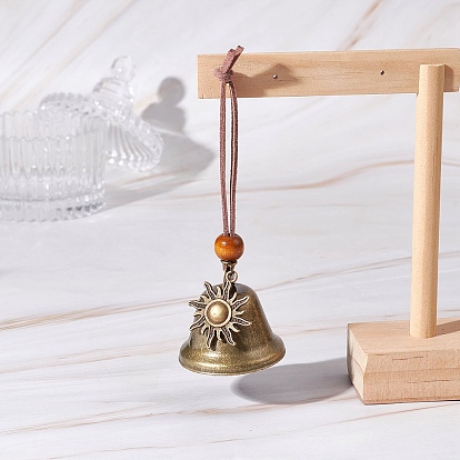 Железный колокольчик и подвесные украшения в виде солнца из сплава в тибетском стиле, подвесные украшения из деревянных бусин и шнура из искусственной замши