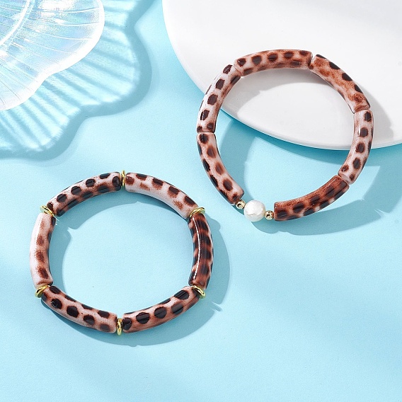 2 шт. 2 стили акриловые бусины, окрашенные распылением, эластичные браслеты для женщин, изогнутая трубка, с натуральным культивированным пресноводным жемчугом, латунь и 304 нержавеющая сталь